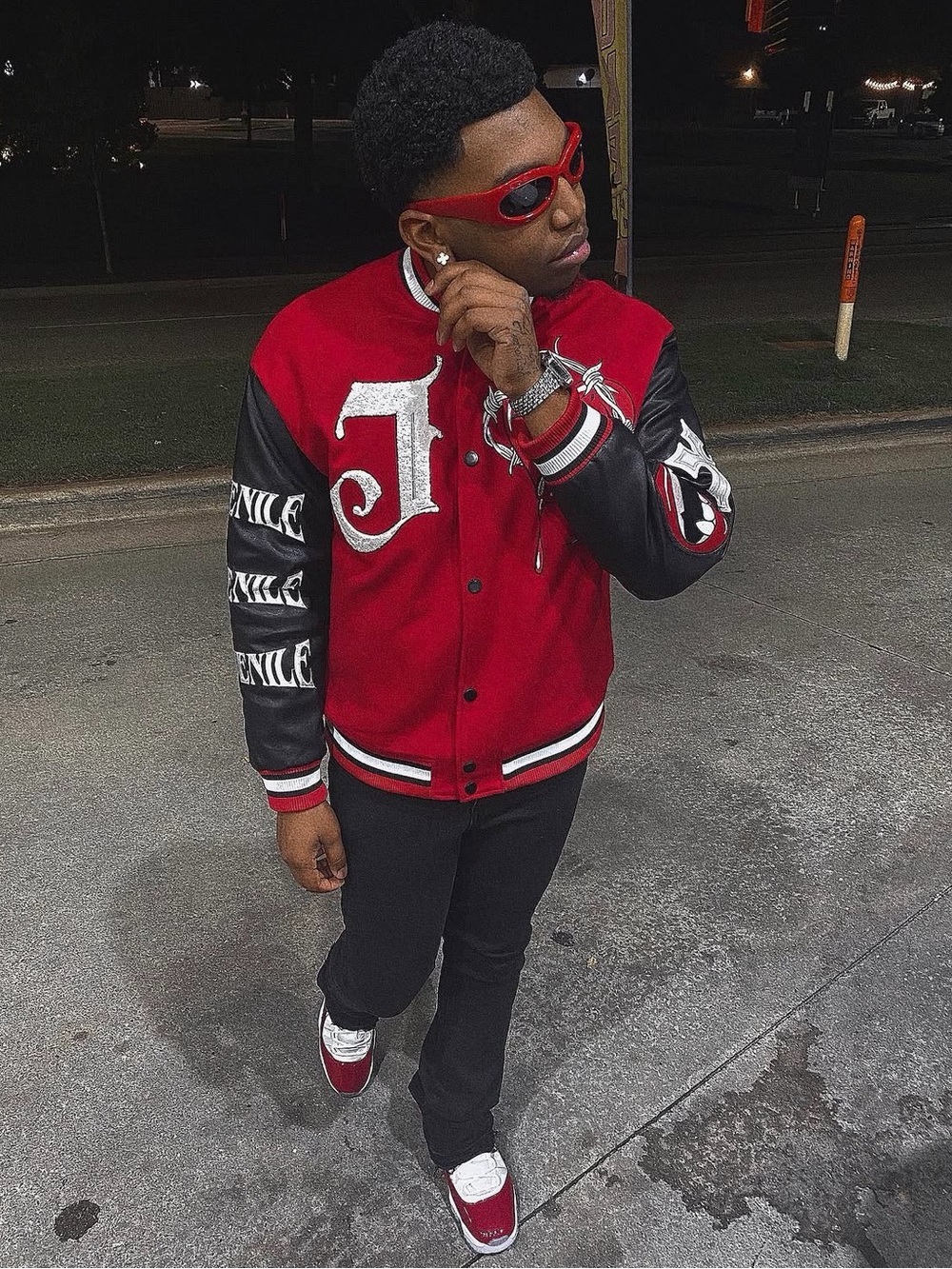 Men's Red & Black Varsity Bomber Jacket with Letter Patch